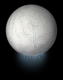 This illustration shows Saturn's icy moon Enceladus with the plume of ice particles, water vapor and organic molecules that sprays from fractures in the moon's south polar region.