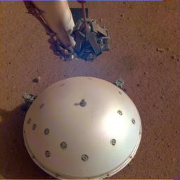 This image shows NASA's InSight lander's domed Wind and Thermal Shield, which covers its seismometer. The image was taken on the 110th Martian day, or sol, of the mission.