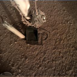 In this image from Oct. 26, 2019, InSight's heat probe is seen after backing about halfway out of the hole it had burrowed.