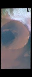 This image from NASA's Mars Odyssey shows Inuvik Crater, located near the north polar cap.