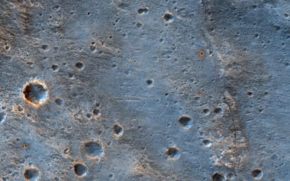 This image, acquired on May 16, 2019 by NASA's Mars Reconnaissance Orbiter, shows a cratered area to the southeast of the ExoMars 2020 Rosalind Franklin rover landing site at Oxia Palus.