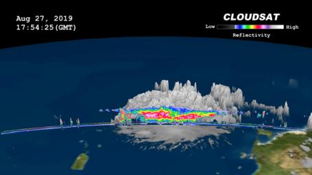 Data from NASA's CloudSat satellite, acquired on Aug., 2019, at 2 p.m. EDT (11 a.m. PDT) was used to make this 3D animation of then-Tropical Storm Dorian. It shows cloud heights extending 9 miles (15 kilometers) into the atmosphere.