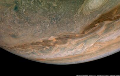 In this view of Jupiter, NASA's Juno spacecraft captures swirling clouds in the region of the giant planet's northern hemisphere known as Jet N4.