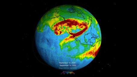 This visualization shows a three-day average of carbon monoxide concentrations, from Sept. 6 to14, in the atmosphere over California due to wildfires. Higher concentrations of the gas appear as red and orange regions.