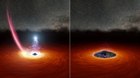 This illustration shows a black hole surrounded by a disk of gas. In the left panel, a streak of debris falls toward the disk. In the right panel, the debris has dispersed some of the gas, causing the corona to disappear.