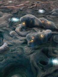 This illustration uses data obtained by NASA's Juno mission to depict high-altitude electrical storms on Jupiter.