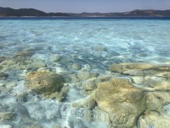 The rocks seen here along the shoreline of Lake Salda in Turkey were formed over time by microbes that trap minerals and sediments in the water. NASA's Mars 2020 Perseverance mission will search for signs of ancient life on the Martian surface.