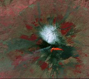 NASA's Terra spacecraft shows Mt. Etna, Italy, sending rivers of lava down the southeast flank of the volcano. The ASTER visible image shows the extent of the active lava flows (derived from the thermal infrared data).
