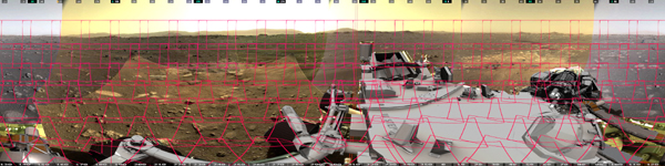 This image shows the 142 images that make up Mastcam-Z's first 360-degree panorama. Mastcam-Z is a pair of zoomable cameras on the mast, or head, of NASA's Perseverance Mars rover.
