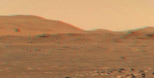 After the Mastcam-Z imager aboard NASA's Perseverance rover captured Ingenuity's third flight on April 25, the frames of the video that was stitched together were then reprojected to optimize viewing in an anaglyph.