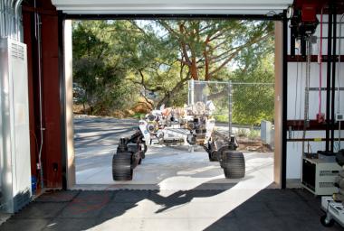 OPTIMISM faces a doorway of JPL's Mars Yard garage shortly after arriving there on October 29, 2021.