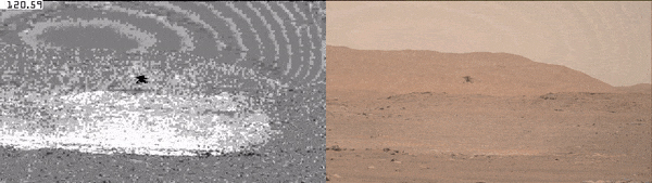 NASA's Ingenuity Mars Helicopter is seen here at the end of its fourth flight, on April 30, 2021. This enhanced video shows the dust kicked up by the helicopter's spinning rotors.