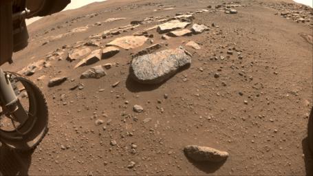 NASA's Perseverance Mars rover will abrade the rock at the center of this image, allowing scientists and engineers to assess whether it would hold up to the rover's more powerful sampling drill.