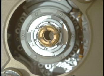 This image taken by the Mastcam-Z camera aboard NASA's Perseverance rover on Sept. 4, 2021, confirmed that the rover had retained a rock core in the sample tube held in the drill at the end of its robotic arm.