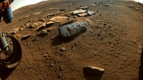 Two holes are visible in the rock, nicknamed Rochette, from which NASA's Perseverance rover obtained its first core samples.