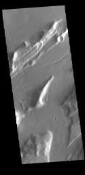This image from NASA's Mars Odyssey shows linear depressions called Mareotis Fossae. They are part of a huge region of graben that comprise Tempe Terra.