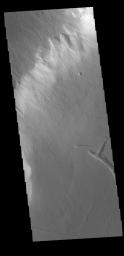 This image from NASA's Mars Odyssey shows the southeastern margin of Olympus Mons, the largest Martian volcano.