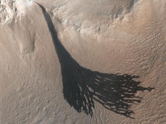 These dark streaks, also known as slope streaks, resulted from dust avalanches on Mars. The HiRISE camera aboard NASA's Mars Reconnaissance Orbiter captured them on Dec. 26, 2017.