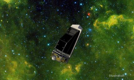 NASA's NEO Surveyor is seen in this illustration against an infrared observation of a starfield made by the agency's WISE mission.