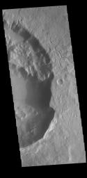 This image from NASA's Mars Odyssey shows part of an unnamed crater in northern Arabia Terra. Numerous small channels surround the crater and some dissect the crater rim.