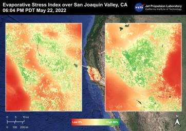 The San Joaquin Valley, CA image shows the Evaporative Stress Index over the San Joaquin Valley on May 22, 2022 where many fields show high ESI values that indicate low plant stress whereas low ESI values indicate high plant stress.