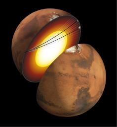 This artist's concept shows a cutaway of Mars, along with the paths of seismic waves from two separate quakes in 2021. Detected by NASA's InSight mission, these seismic waves were the first ever identified to enter another planet's core.