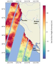 This data visualization shows sea surface heights off the northern California coast in August, 2023, as measured by the SWOT satellite.