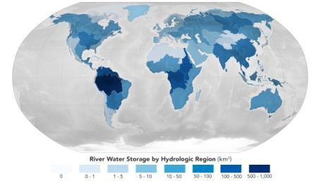 A NASA-led study combined stream-gauge measurements with computer models of 3 million river segments to create a global picture of how much water Earth's rivers hold. It estimated that the Amazon basin contains about 38% of the world's river water.