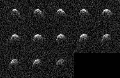The day before asteroid 2008 OS7 made its close approach with Earth on Feb. 2, 2024, this series of images was captured by the powerful 230-foot (70-meter) Goldstone Solar System Radar antenna near Barstow, California.