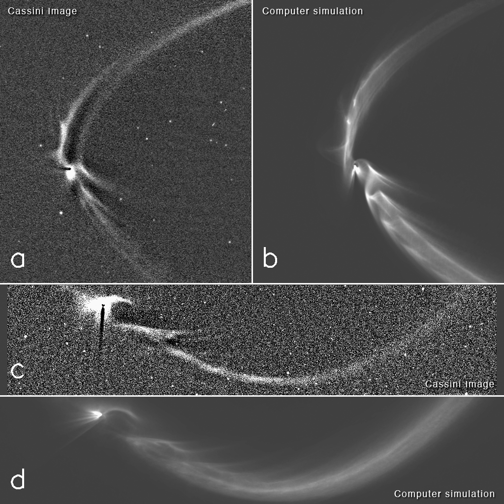 This collage, consisting of two Cassini images of long, sinuous, tendril-like features from Saturn's moon Enceladus and two corresponding computer simulations of the same features, illustrates how well the structures, and the sizes of the particles composing them, can be modeled by tracing the trajectories of tiny, icy grains ejected from Enceladus' south polar geysers.