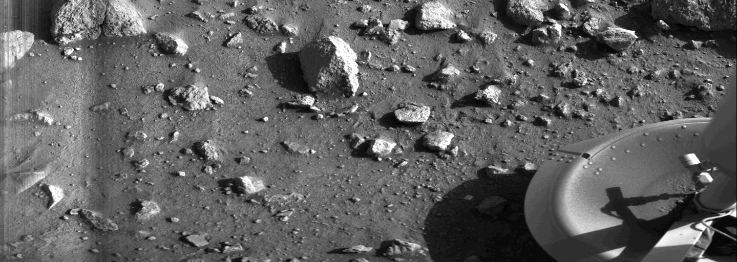The first image taken by Viking 1 on the surface of Mars, minutes after it touched down. NASA photo