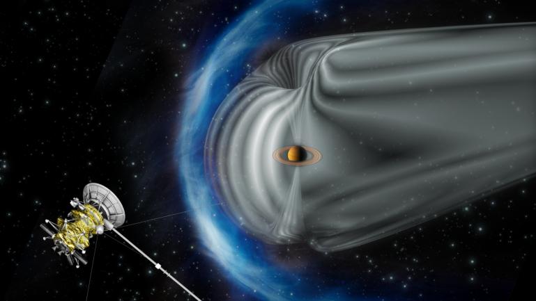 This artist's impression by the European Space Agency shows NASA's Cassini spacecraft exploring the magnetic environment of Saturn.