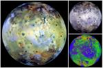 These full disk views of Jupiter's volcanic moon, Io, use images which were acquired by NASA's Galileo spacecraft on Dec. 18, 1996, when Io, the spacecraft, and the sun were nearly all aligned (near zero degrees phase angle).