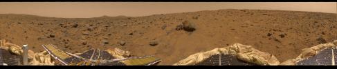This is the first contiguous, uniform 360-degree color panorama taken by NASA's Imager for Mars Pathfinder (IMP) during July 8-10, 1997. Different regions were imaged at different times to acquire consistent lighting and shadow conditions for all areas.