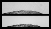 This pair of images shows the result of taking a sequence of 25 identical exposures from NASA's Imager for Mars Pathfinder (IMP) of the northern Twin Peak, with small camera motions. Sol 1 began on July 4, 1997.