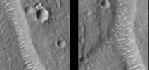 This image taken on August 31, 1998 by NASA's Mars Global Surveyor shows polygon cracks, or troughs, graben formed by faults.