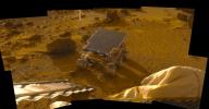 This mosaic was acquired during the late afternoon (note the long shadows) on Sol 2, 1997 as part of the predeploy 'insurance panorama' and shows the newly deployed rover NASA's Mars Pathfinder Sojourner sitting on the Martian surface.