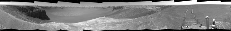 NASA's Mars Exploration Rover Opportunity used its navigation camera to take the images combined into this stereo view of the rover's surroundings on sol (or Martian day) 959 of its surface mission.