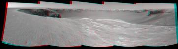 NASA's Mars Exploration Rover Opportunity used its navigation camera to take the images combined into this stereo view of the rover's surroundings. 3D glasses are necessary to identify surface detail.