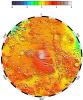 NASA's Mars Global Surveyor shows a polar stereographic projection of topography from latitude 55 S to the pole on Mars.