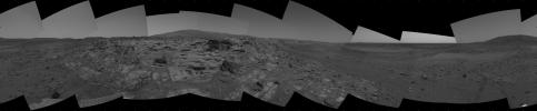 NASA's Mars Exploration Rover Spirit recorded this view in February 2006 while approaching the northwestern edge of 'Home Plate,' a circular plateau-like area of bright, layered outcrop material.