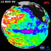 Unusually warm ocean temperatures off Asia and cool waters in the eastern and equatorial Pacific signaled La Nia's mild return, according to sea-surface heights observed by the joint NASA-French space agency's TOPEX/Poseidon satellite.