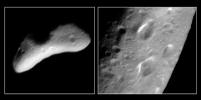 This image from NASA's NEAR Shoemaker shows a heart-shaped depression on asteroid Eros on left image, but right image reveals that the mysterious heart-shaped feature is actually 3 separate craters.