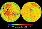 NASA's Mars Global Surveyor shows a vertical gravity map of Mars color-coded in mgals based on radio tracking. 