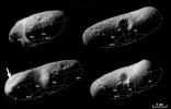 These four image mosaics of asteroid Eros, taken by NASA's NEAR Shoemaker, illustrate the reference system the NEAR team uses to locate points on the asteroid's surface. The prime meridian is drawn though a large, bright crater at one end of Eros.