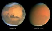 Two dramatically different faces of our Red Planet neighbor appear in these comparison images from NASA's Hubble Space Telescope, showing how a global dust storm engulfed Mars with the onset of Martian spring in the Southern Hemisphere.