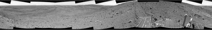 In this image mosaic from NASA's Mars Exploration Rover Spirit taken on Nov 2, 2005, descending due east toward a ridge nicknamed 'Haskin Ridge.' Interesting rocks and soils are present.