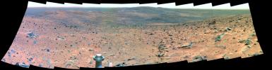 This false-color panorama from NASA's Mars Exploration Rover Spirit taken in Sept, 2005 shows a field of view covered in rocks as the rover explored Gusev Crater on Mars.