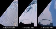 A large tabular iceberg (42 kilometers x 17 kilometers) broke off Pine Island Glacier, West Antarctica (75 S latitude, 102 W longitude) sometime between November 4 and 12, 2001, as seen by NASA's Terra satellite.