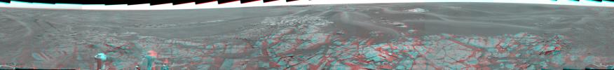This stereo view shows the landscape surrounding NASA's Mars Exploration Rover Opportunity at the edge of 'Erebus Crater.' 3D glasses are necessary to view this image.